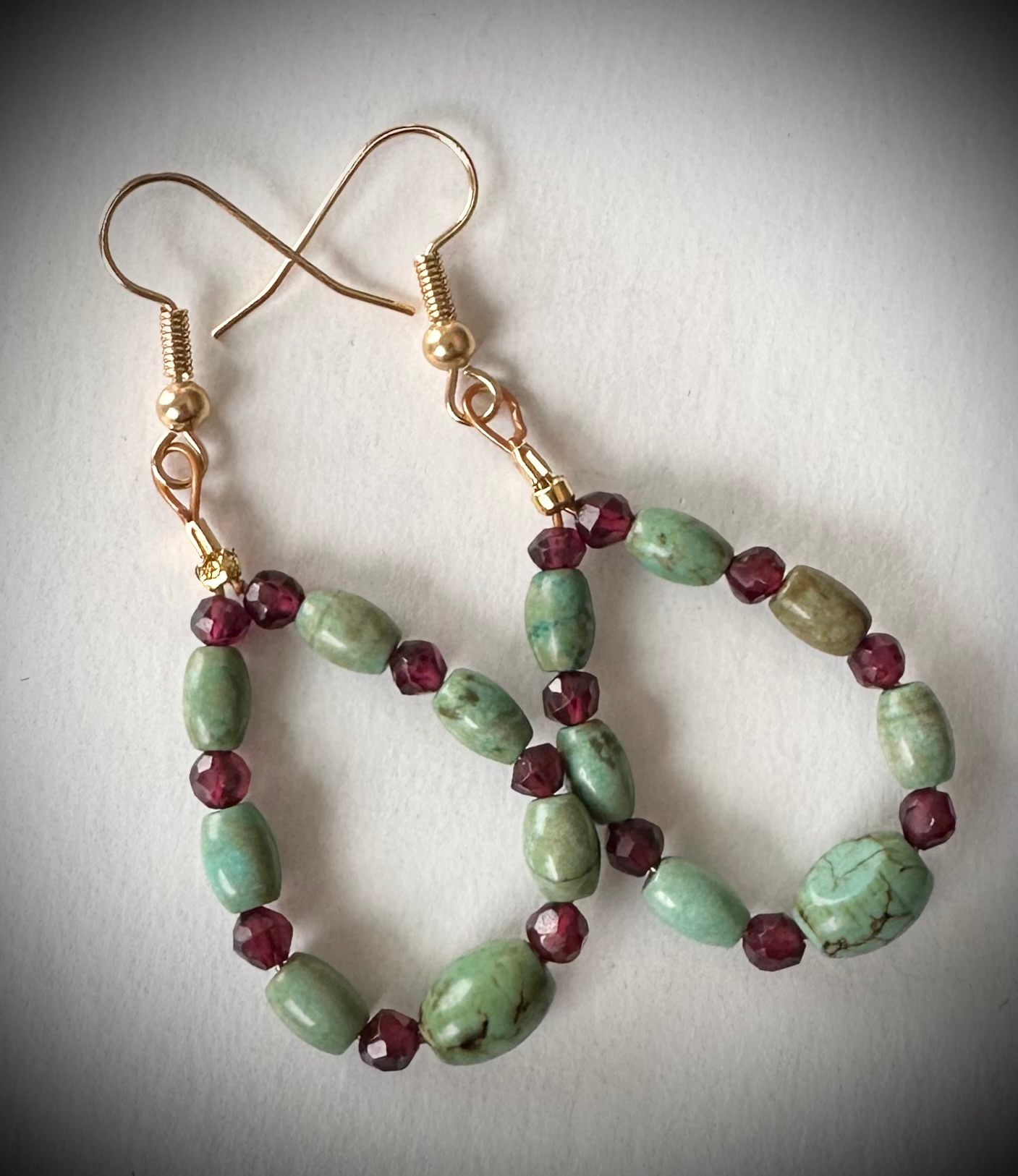 Green Turquoise and Garnet on Brass