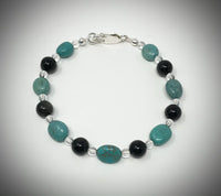 #816, Turquoise, Rainbow Obsidian, Clear Quartz Bracelet with Sterling Silver Lobster Claw, 8.5"