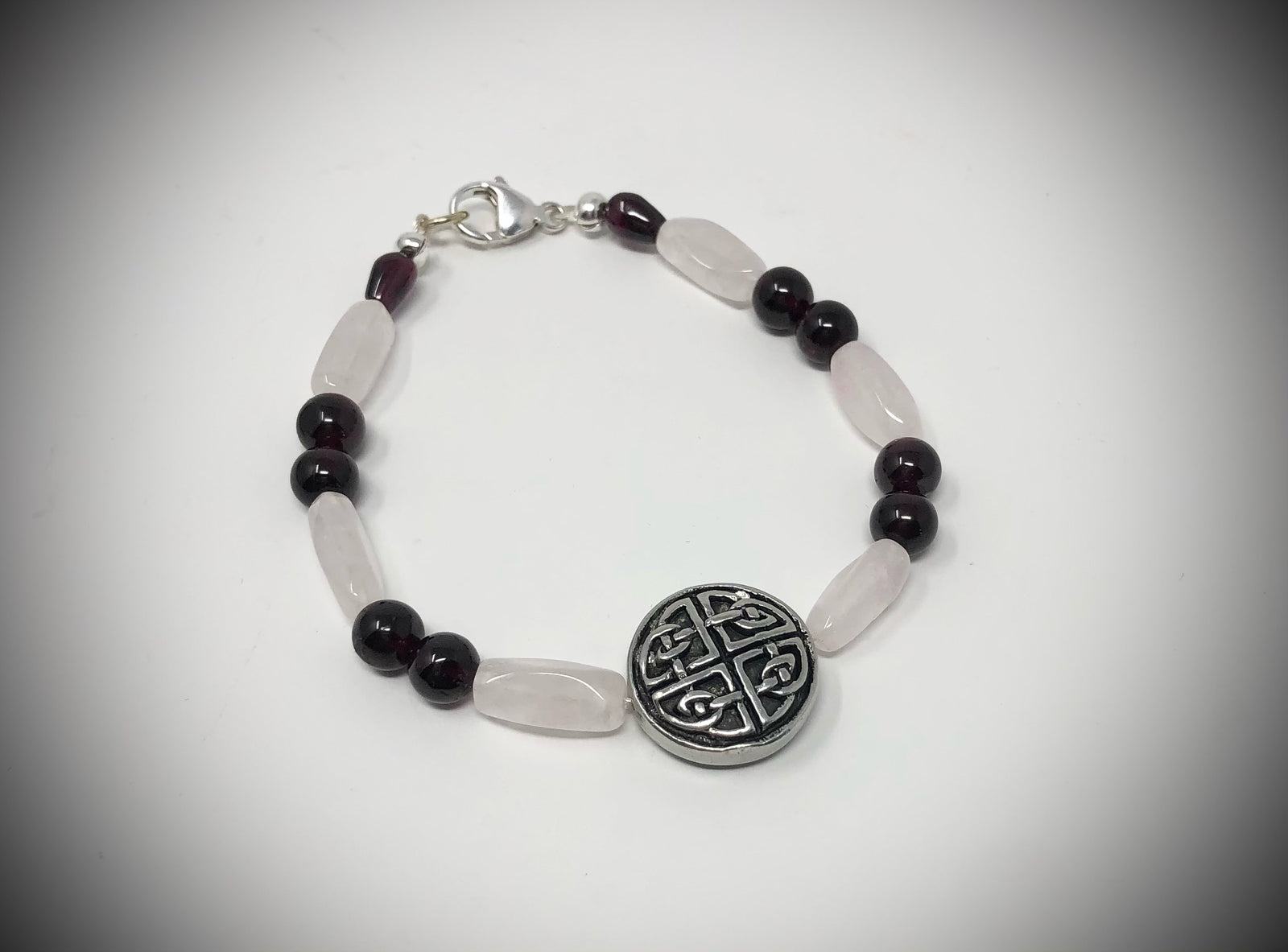 #818, Garnet, Rose Quartz, Pewter Four Directions Celtic Charm Bracelet