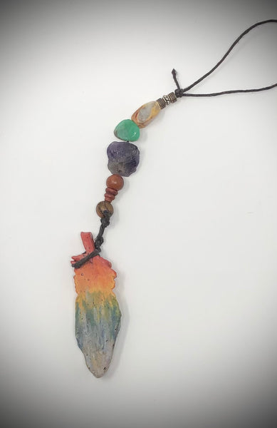 Pottery Chakra Feather, Amethyst, Chrysoprase, Crazy Lace Agate, Tiger Skin Sandalwood, Rosewood, #806