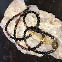 MALA Necklace with Tiger Iron, Black Agate, Variegated Tiger Eye, Red Sandalwood, Tiger Skin Sandalwood, Agarwood, Black Sandalwood, Rainbow Obsidian, and Bronzite Nugget GURU Stone