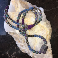 MALA Necklace with Agate Druzy, Blue and Purple Lava Rock, Gold Hematite and Raw Amethyst GURU Stone