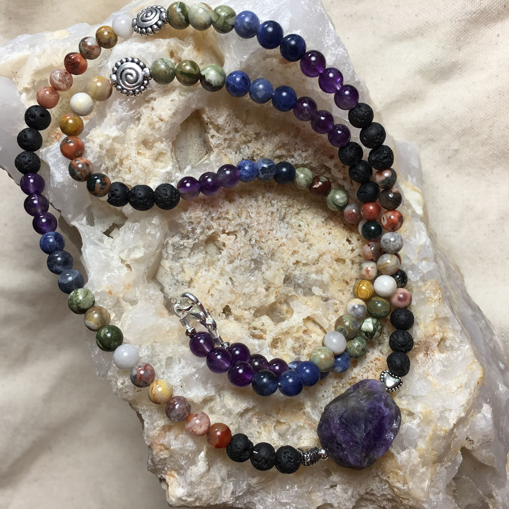 Mala Chakra Necklace: Lava Rock, Agate, Crazy Lace Agate, Rhyolite, Sodalite, Amethyst and with Amethyst GURU Stone