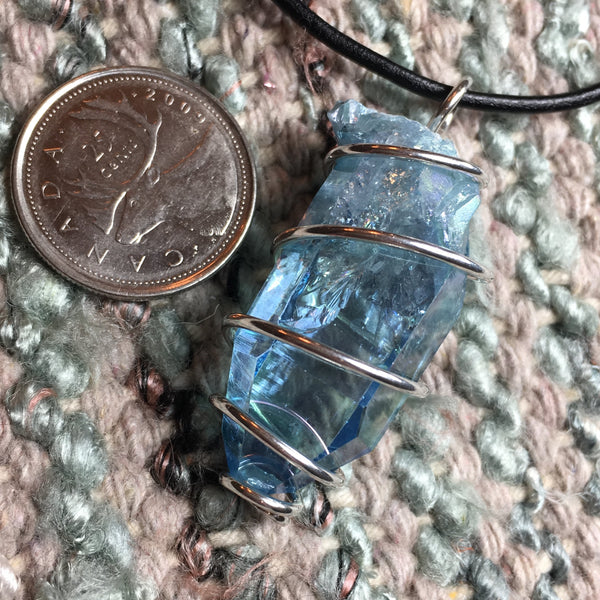 SOLD OUT Aqua Aura Raw Point in Argentium Silver Spiral Wrap