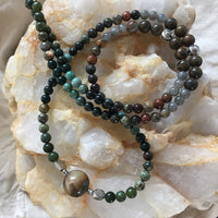 MALA Necklace with Canadian Jade, Rhyolite, Indian Bloodstone, Dragon's Blood, Green Rhodonite, Picasso Jasper, Labradorite, Sardonyx, and Amazonite GURU Stone