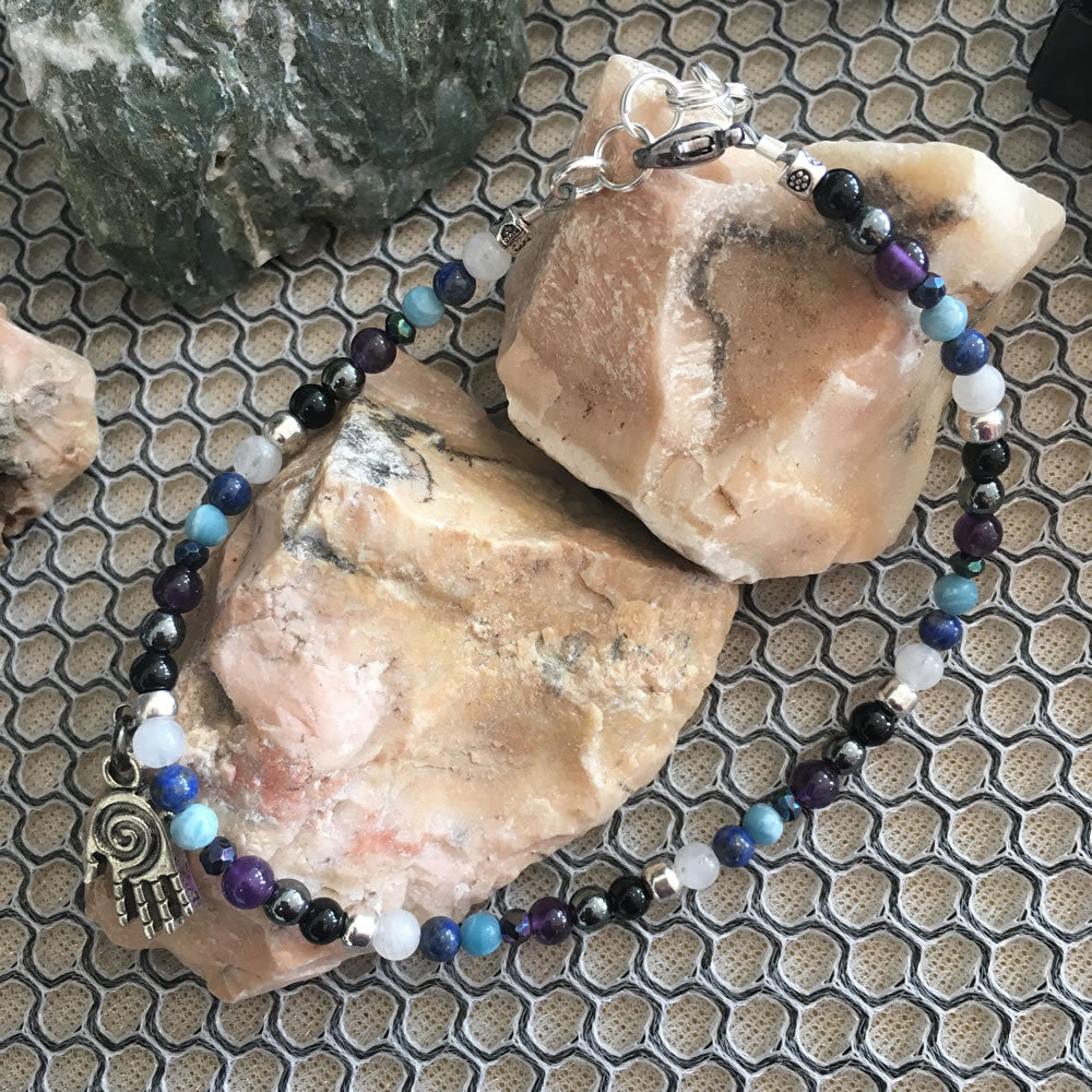 White Moonstone, Lapis Lazuli, Larimar, Black Spinel/Titanium Faceted, Amethyst, Hematite, Black Agate Anklet