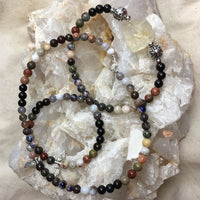 Chakra MALA Necklace with Black Sandalwood, Picasso Jasper, Crazy Lace Agate, Dragon's Blood, Orange Sodalite, Botswana Agate, and a Citrine Guru Stone