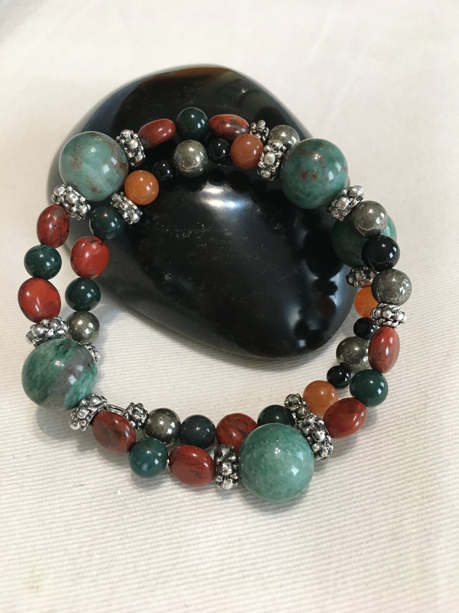 Dragon Blood, Brecciated Jasper, Indian Bloodstone, Pyrite, Black Agate, Red Aventurine Bracelet