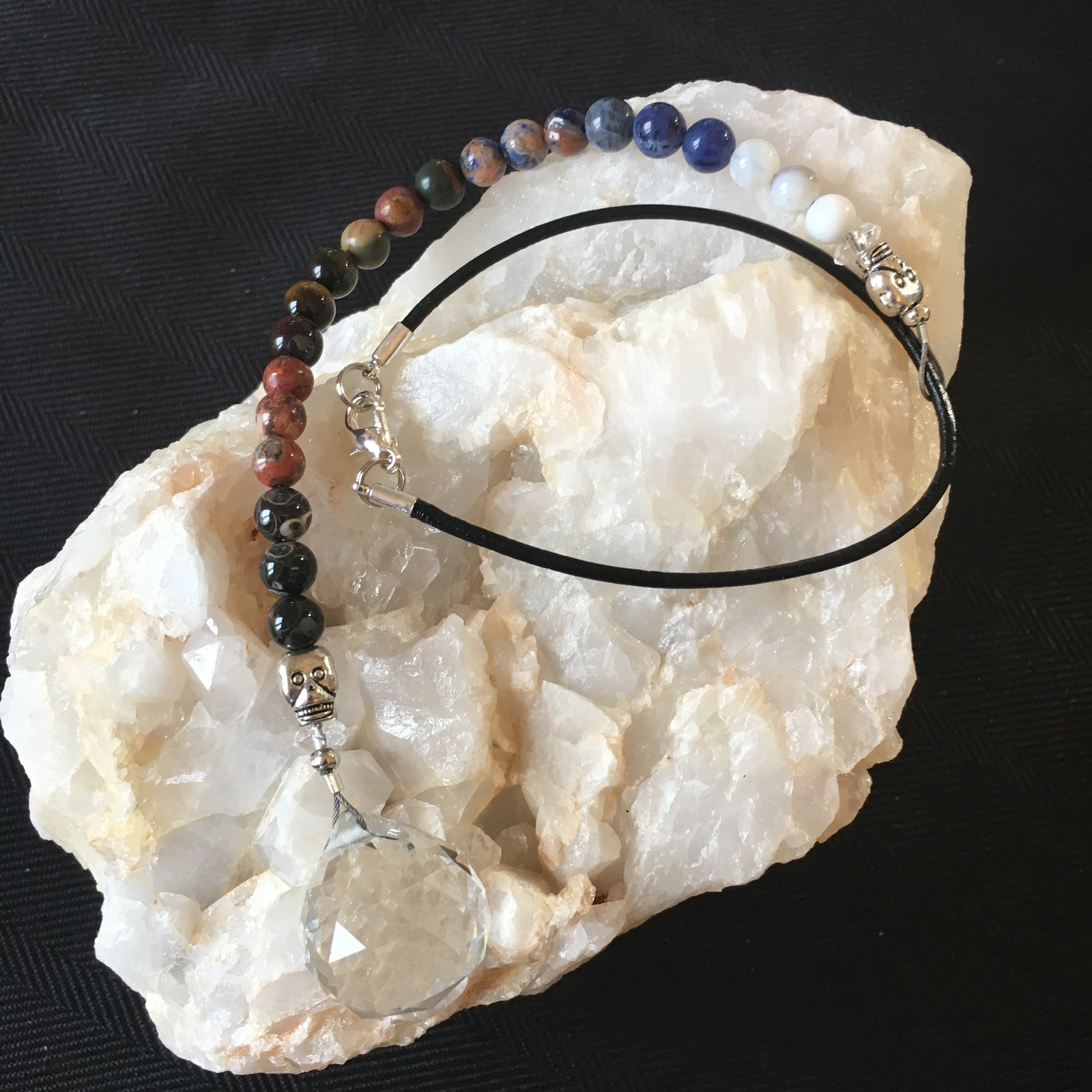 Chakra Sun Catcher, 30 mm Crystal Ball with Turritella Agate, Agate, Tiger Eye Variegated, Picasso Jasper, Orange Sodalite, Sodalite, Botswana Agate, Clear Quartz Faceted Rondelle