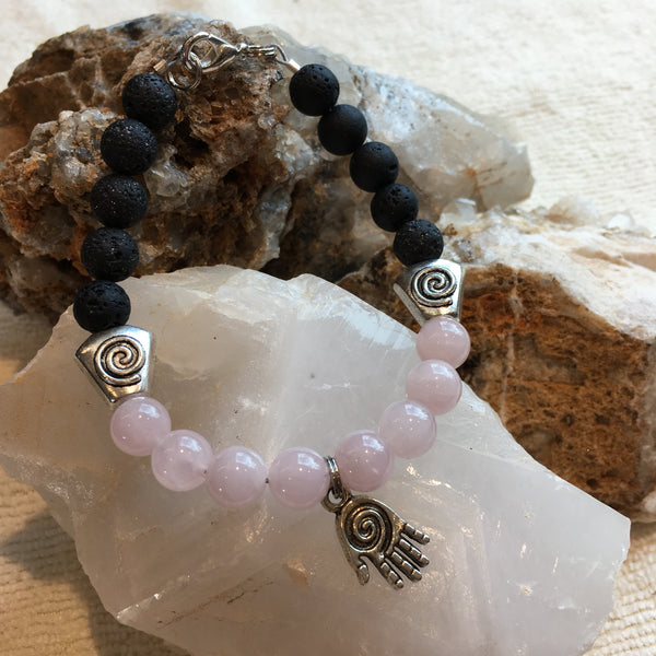 Lava Rock and Rose Quartz Bracelet with Hand Amulet