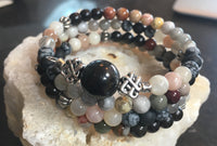 Mala Chakra Bracelet with Black Sandalwood, Polychrome Jasper, Crazy Lace Agate, Labradorite, Snowflake Obsidian, Moonstone with Petrified Wood Guru Stone