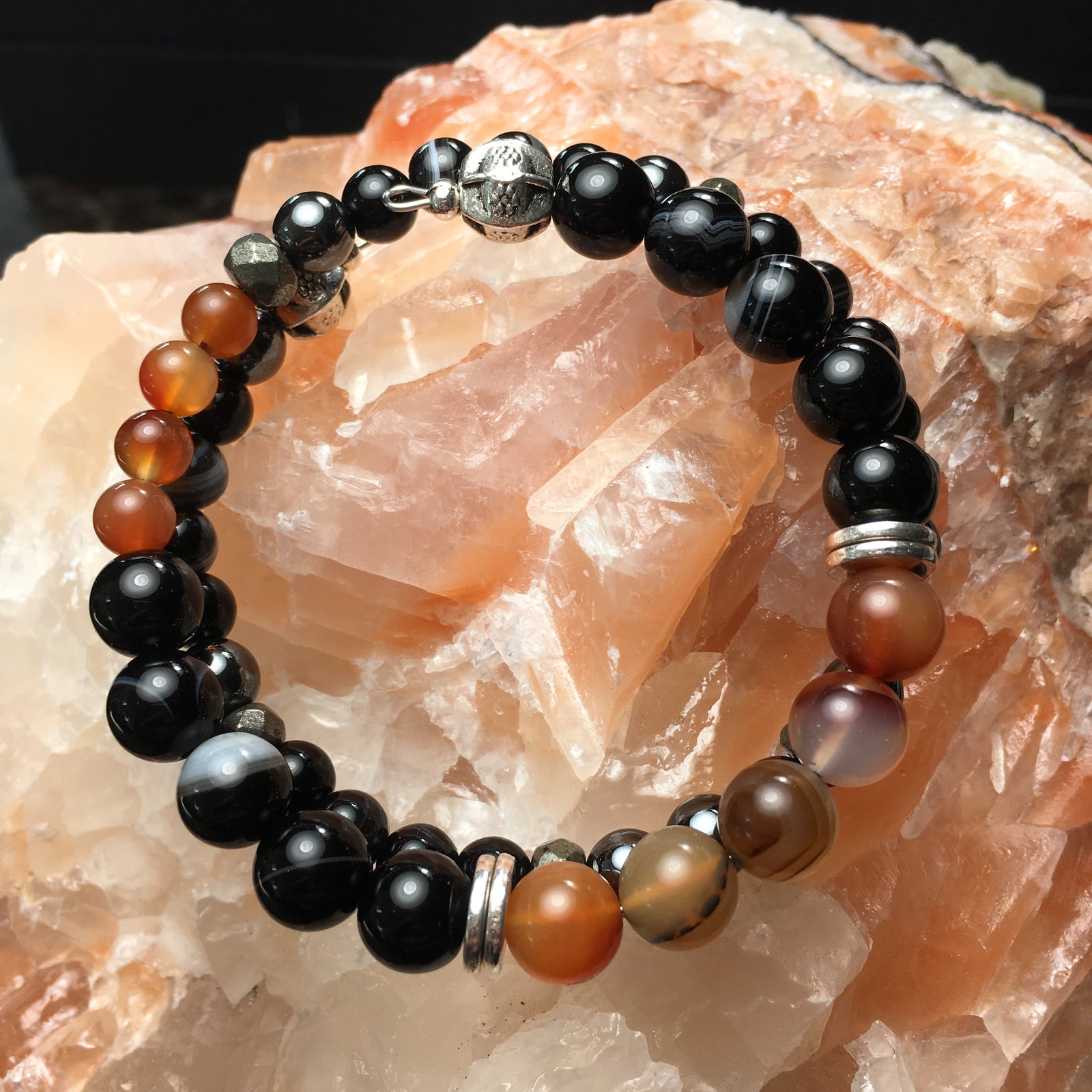 Carnelian, Black Onyx, Black Agate (dyed), Pyrite (faceted), Hematite Bracelet