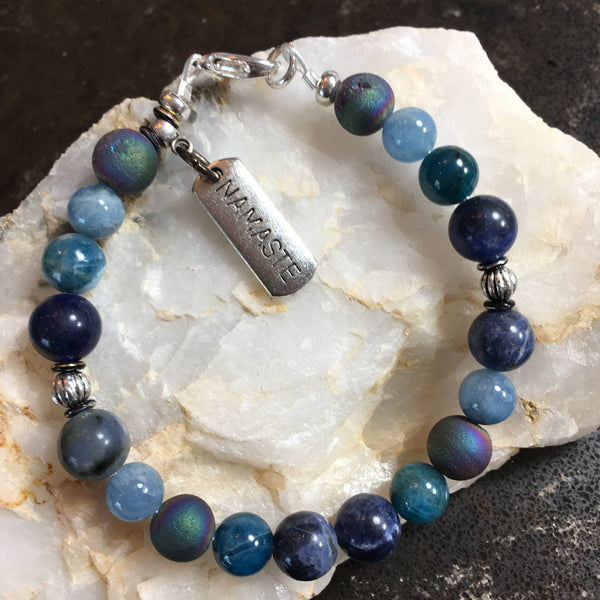 Sodalite, Apatite, Agate Druzy, Aquamarine Bracelet with Namaste Charm
