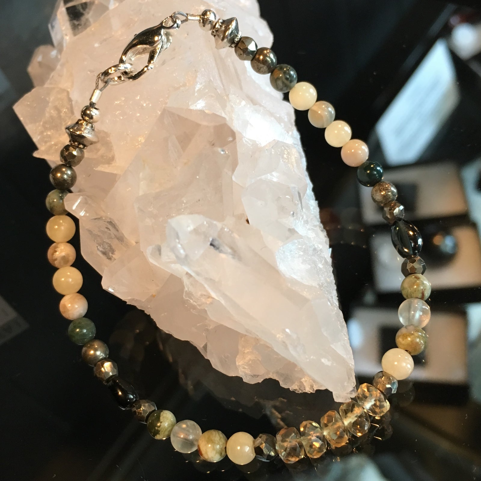 Citrine, Pyrite, Rhyolite, Calcite, Ocean Jasper, Tourmaline, Prehnite Bracelet