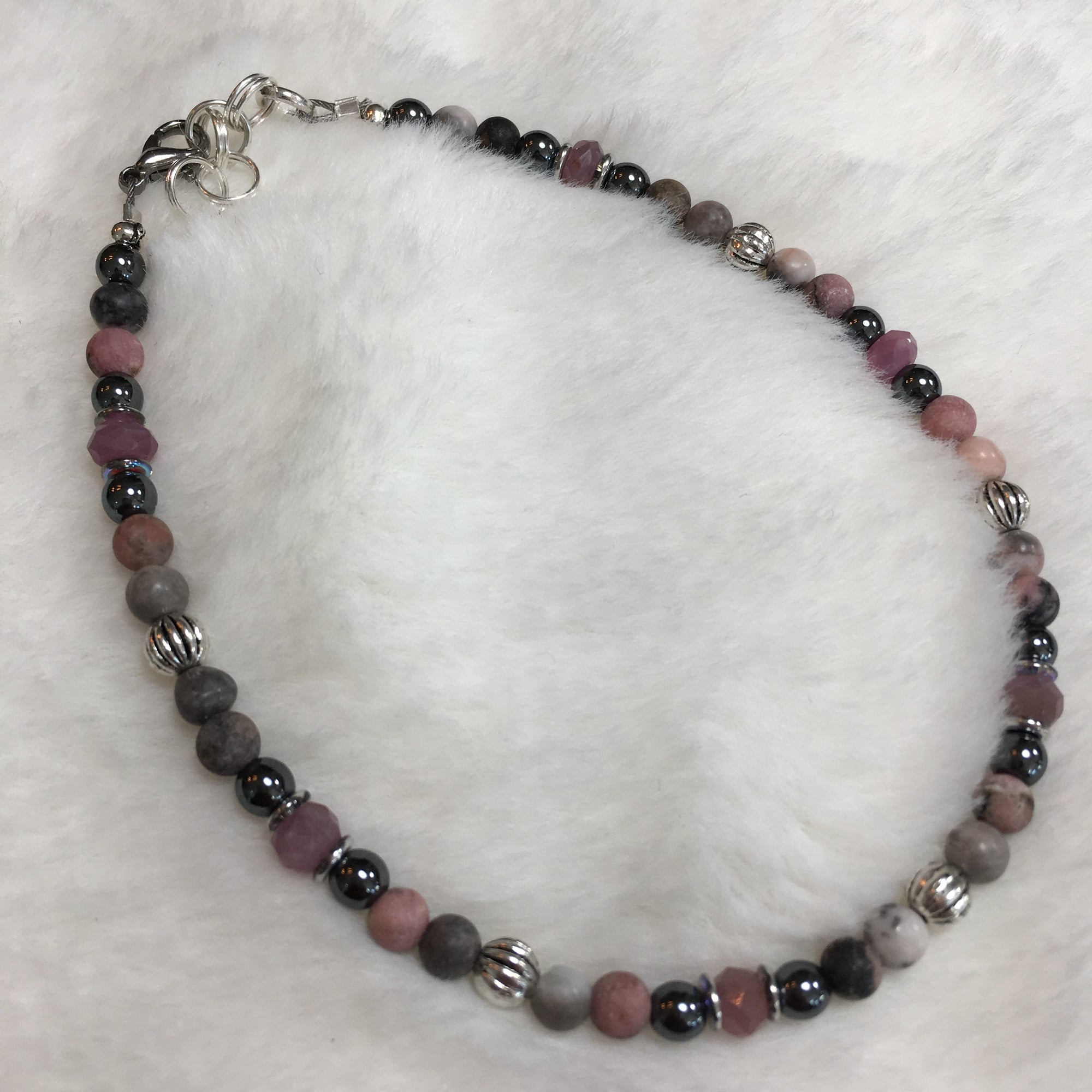 Ruby Faceted, Rhodonite, Pink Zebra Jasper, Hematite Anklet