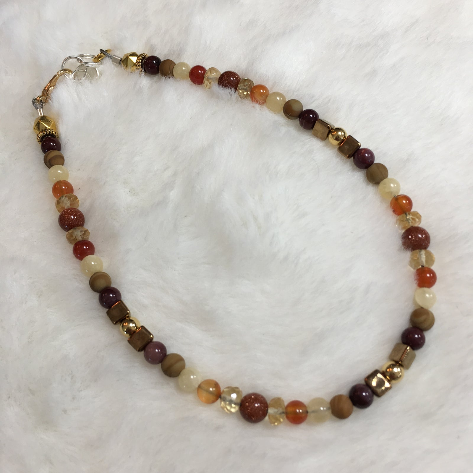Goldstone, Citrine Rondelle Faceted, Carnelian, Yellow Calcite, (Tiger) Wood Jasper, Mookaite