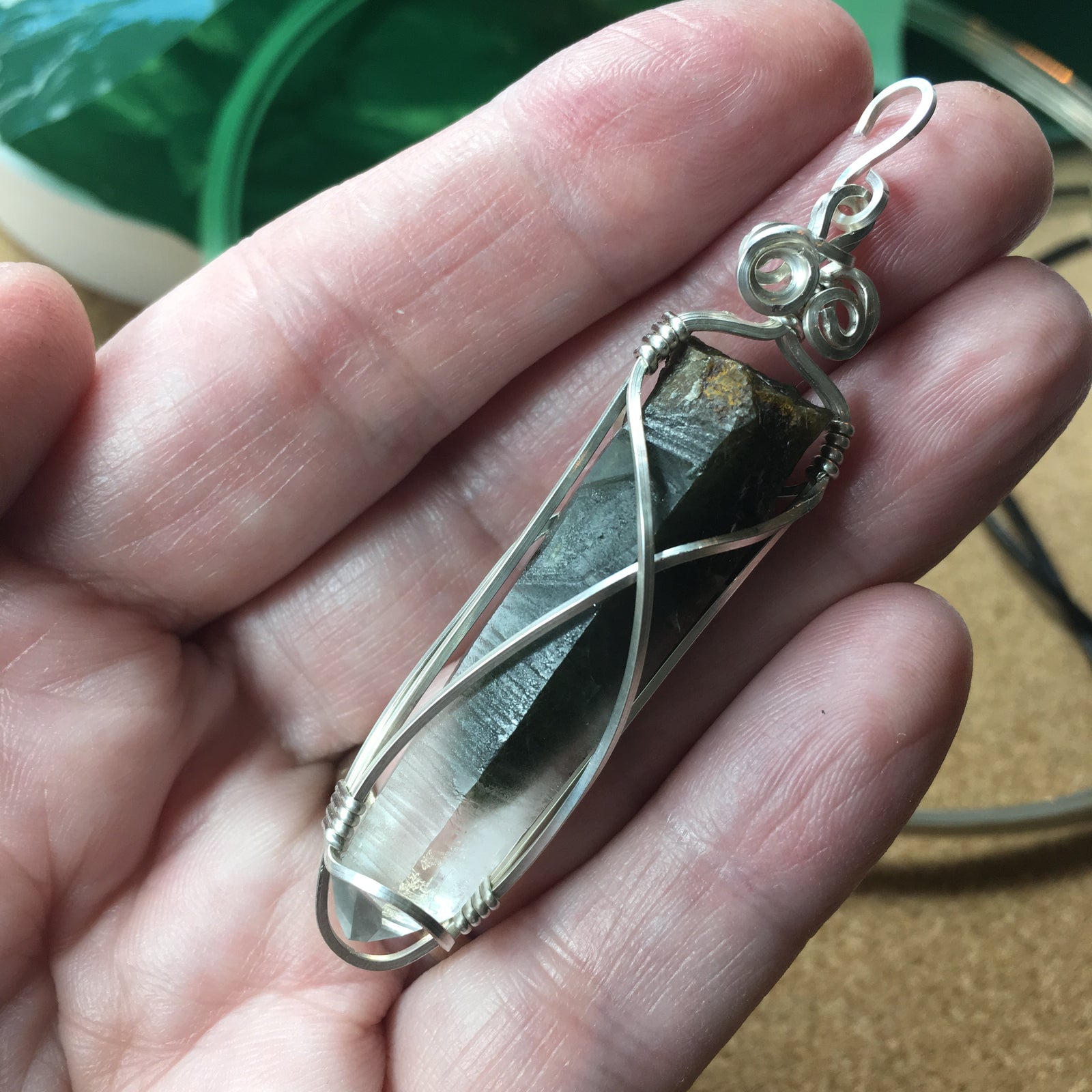 Actinolite Phantom Quartz Lovingly Wrapped in Argentium Silver--SOLD