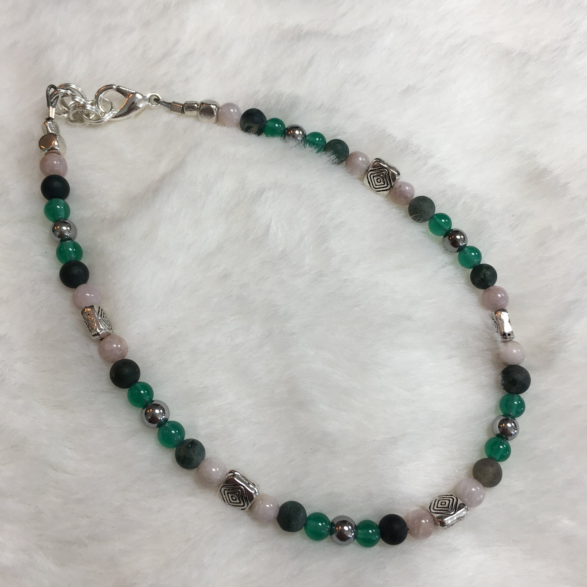 Silver Hematite, Green Aventurine, Indian Agate Matte, Kunzite Anklet