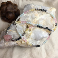 MALA Chakra Necklace, Faceted Black Labradorite, Botswana Agate, Yellow Calcite, Rose Quartz, Amazonite, Moonstone, Rose Quartz GURU