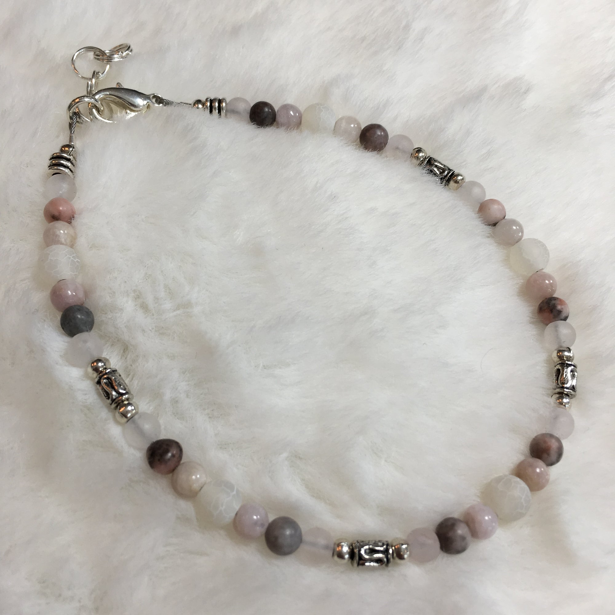 Kunzite, Pink Zebra Jasper, Rose Quartz Matte, White Agate Crackle Matte Anklet