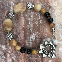 Crazy Lace Agate, Black Agate with Pewter Sunflower Toggle