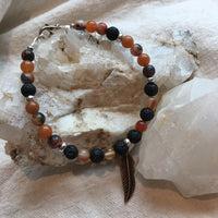 Lava Rock, Agate, Red Aventurine Bracelet with Feather Charm