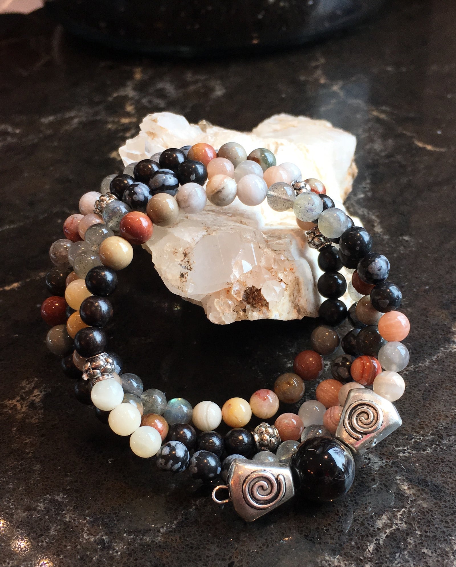 Mala Chakra Bracelet with Black Sandalwood, Polychrome Jasper, Crazy Lace Agate, Labradorite, Snowflake Obsidian, Moonstone with Petrified Wood Guru Stone