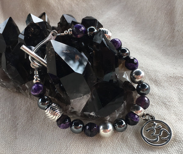 Purple and Black Faceted Agate and Hematite Bracelet with Om Charm and Toggle
