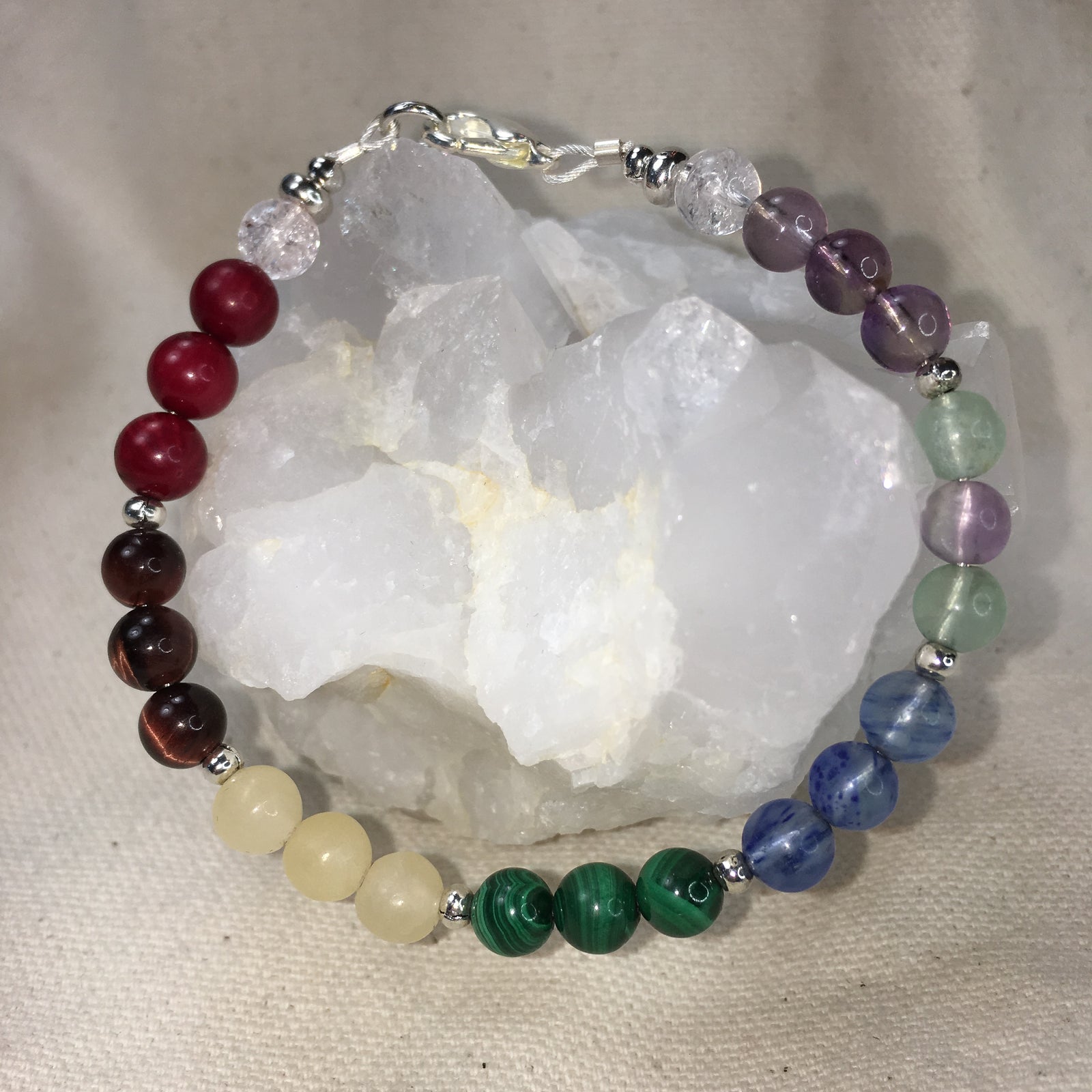 Chakra Bracelet with Red Coral, Brecciated Jasper, Yellow Calcite, Malachite, Blue Quartz, Fluorite, Ametrine, Quartz Crackle
