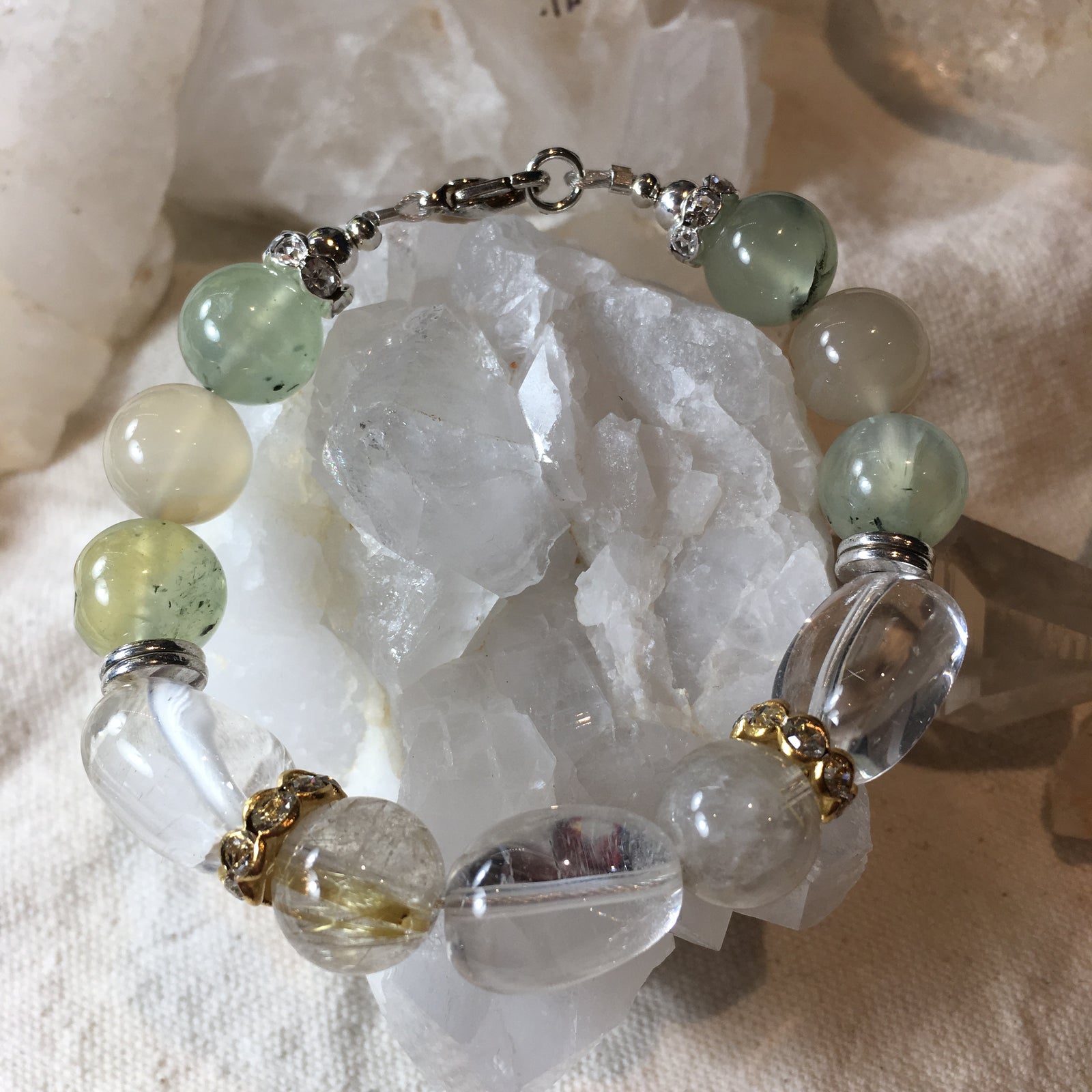 Clear Quartz, Green Tourmaline, Rutilated Quartz, Carnelian Bracelet
