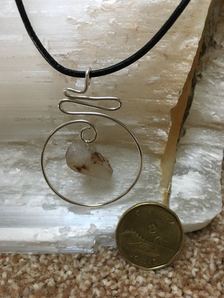 Argentium Silver Sunset Pendant with Phantom Quartz Crystal on Greek Leather Cord Necklace