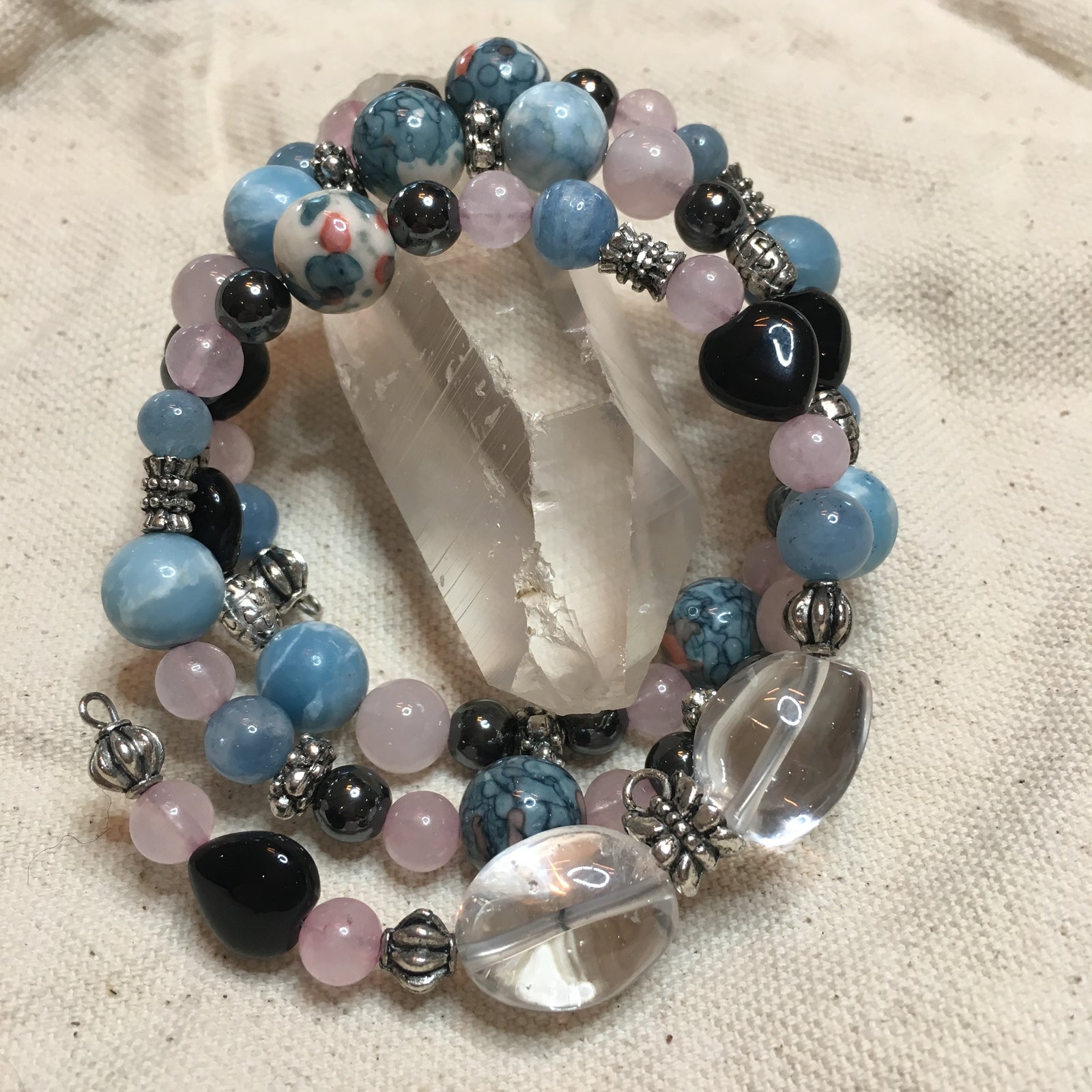 Rainflower Stone, Clear Quartz Nuggets, Larimar, Aquamarine, Rose Quartz, Hematite, and Black Agate Hearts Bracelet