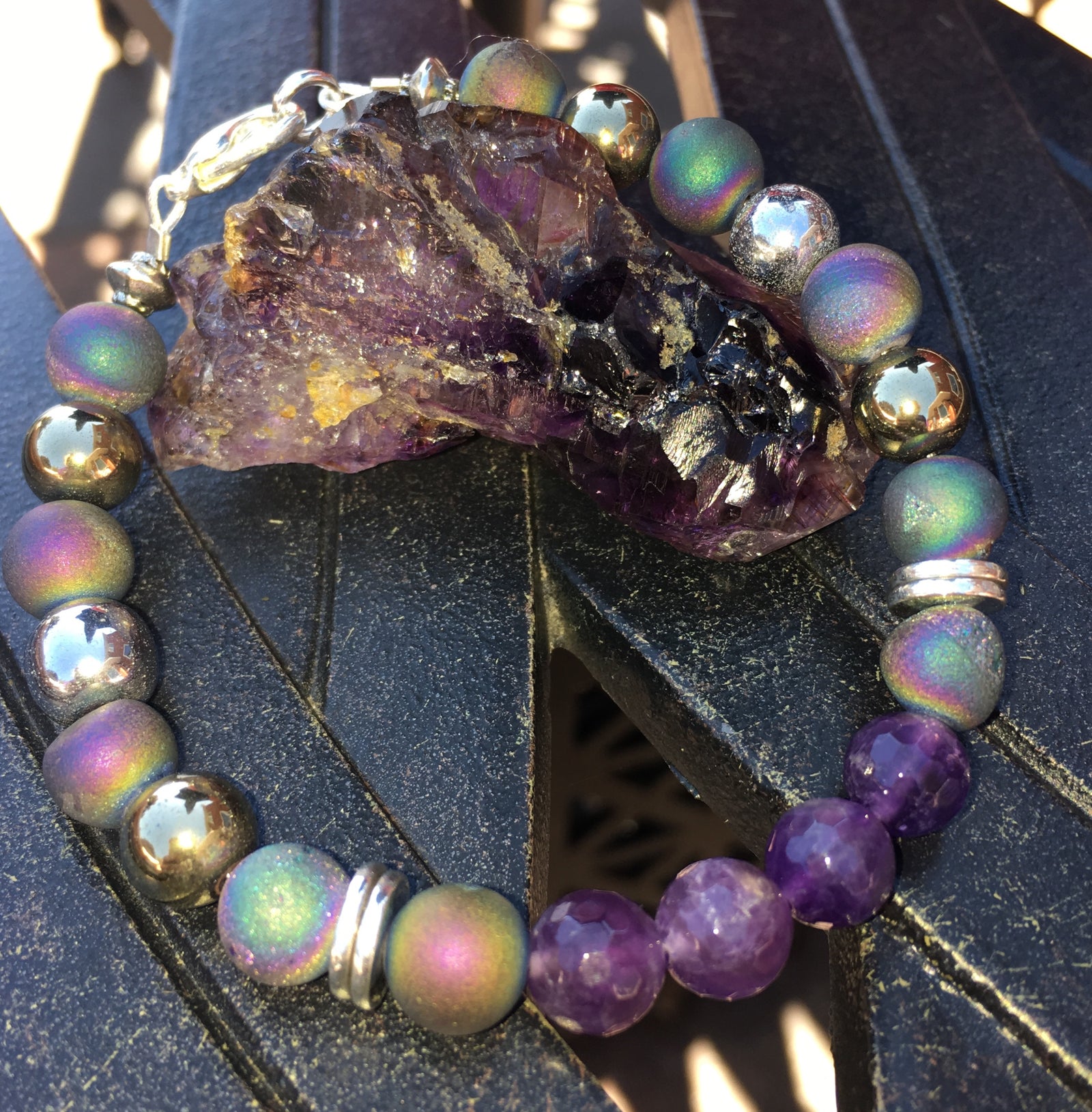 Agate Druzy, Amethyst (faceted), Hematite (gold & silver) Bracelet