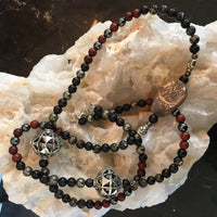 MALA Necklace with Turritella Agate, Black Sandalwood, Hematite, Red Sandalwood, Pyrite Necklace and Tibetan Agate GURU Stone