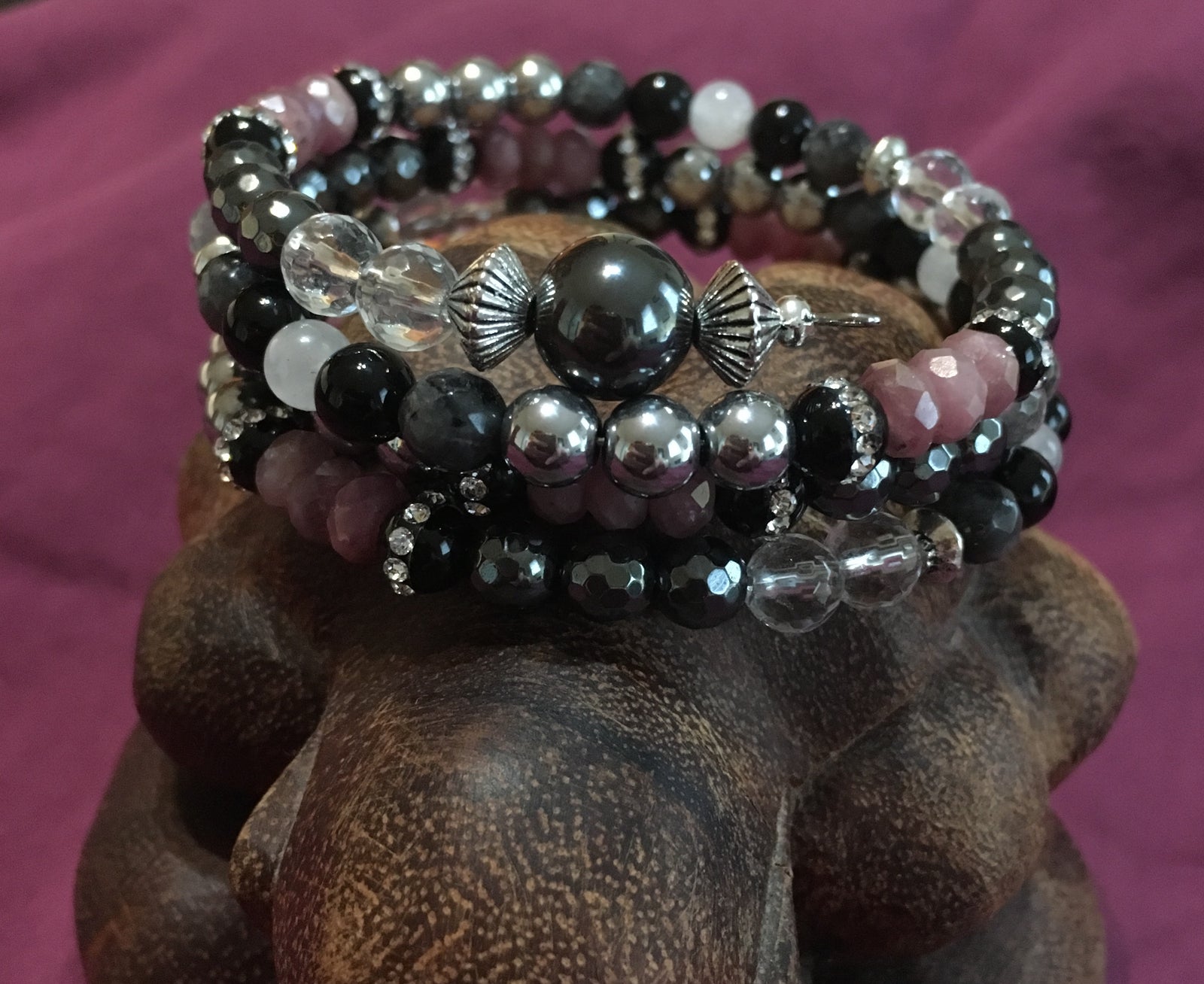 MALA Bracelet with Clear Quartz Faceted, Hematite Faceted, Black Onyx Rhinestone, Rondelle Ruby Faceted, Silver Hematite, Black Agate, White Moonstone, Black Labradorite Faceted, Hematite GURU Bead, on memory wire