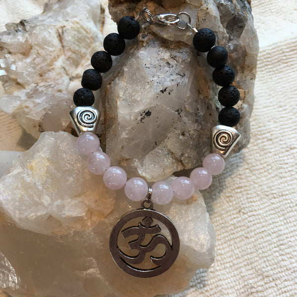 Lava Rock and Rose Quartz Bracelet with an OM Amulet