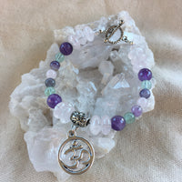Rose Quartz, Amethyst, Fluorite Bracelet with OM Charm and Brass Toggle