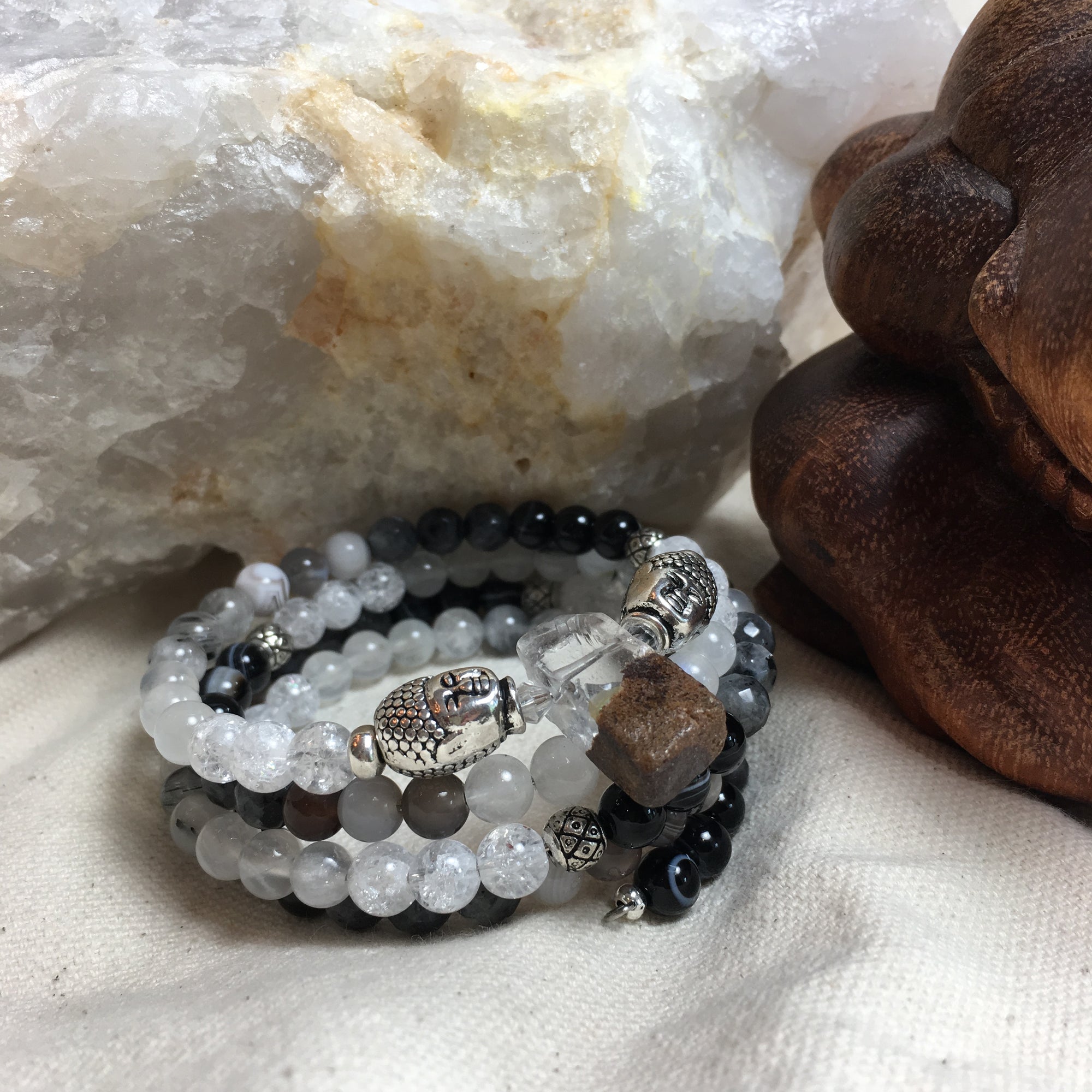 MALA Bracelet with Black Dyed Agate, Black Faceted Labradorite, Botswana Agate, Black Rutilated Quartz, White Moonstone, Crackle Clear Quartz, and Phantom Quartz GURU Bead, on memory wire