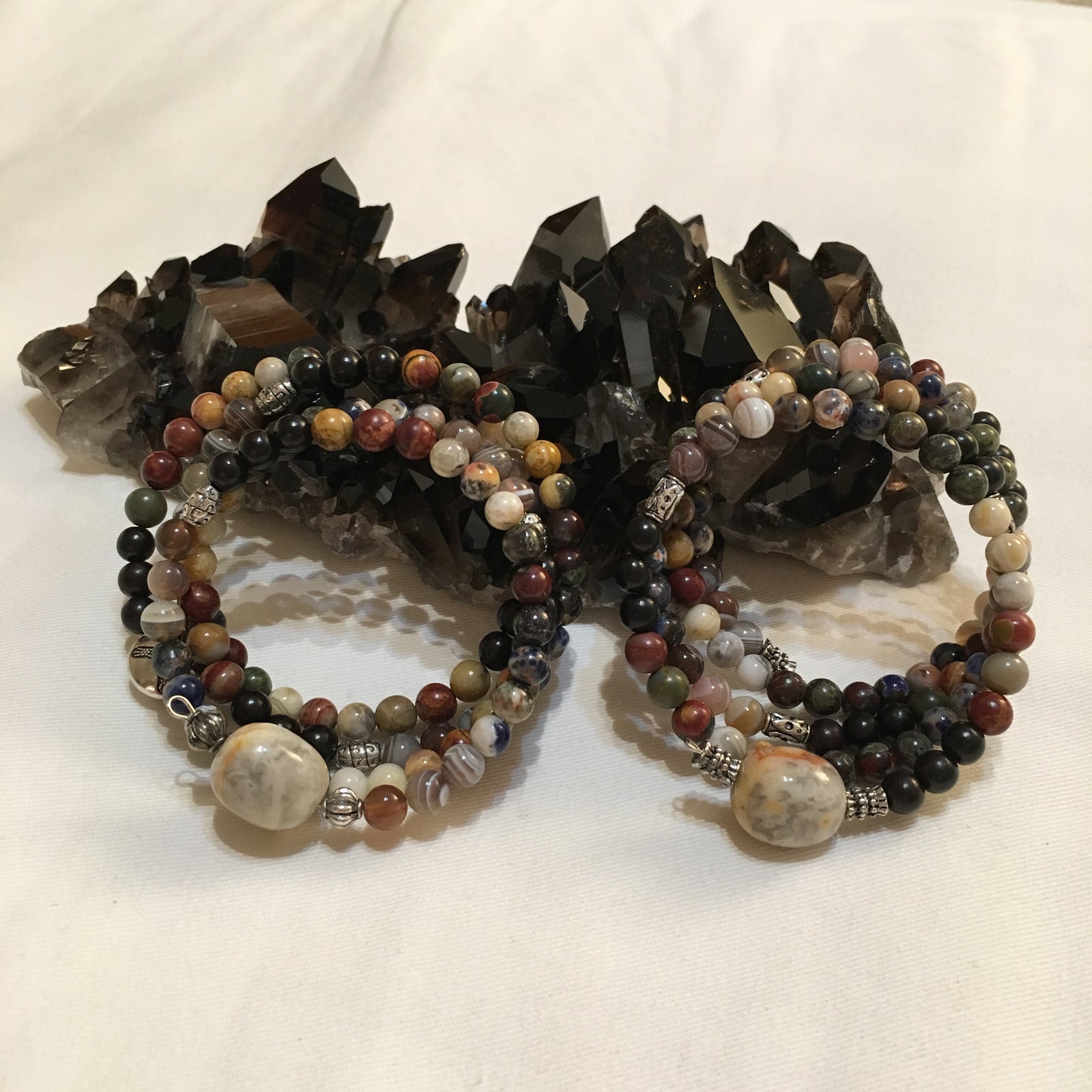 Chakra MALA Bracelet with Black Sandalwood, Picasso Jasper, Crazy Lace Agate, Dragon's Blood, Orange Sodalite, Botswana Agate, and a Crazy Lace Agate Guru Stone