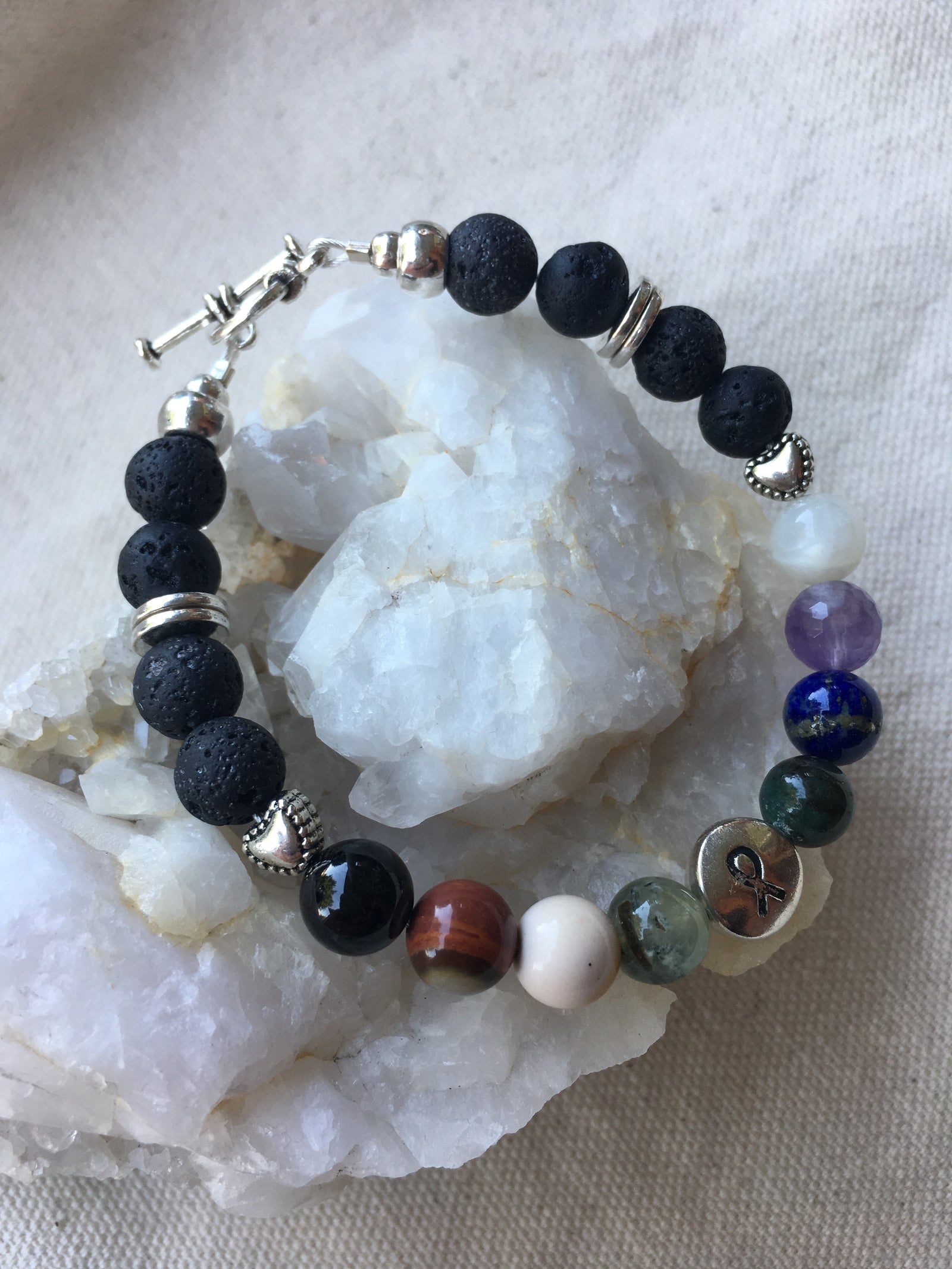 Chakra Bracelet with Lava Rock, Black Tourmaline, Polychrome Jasper, Mookaite, Green Tourmaline, Apatite, Lapis Lazuli, Amethyst, Moonstone with Brass Toggle