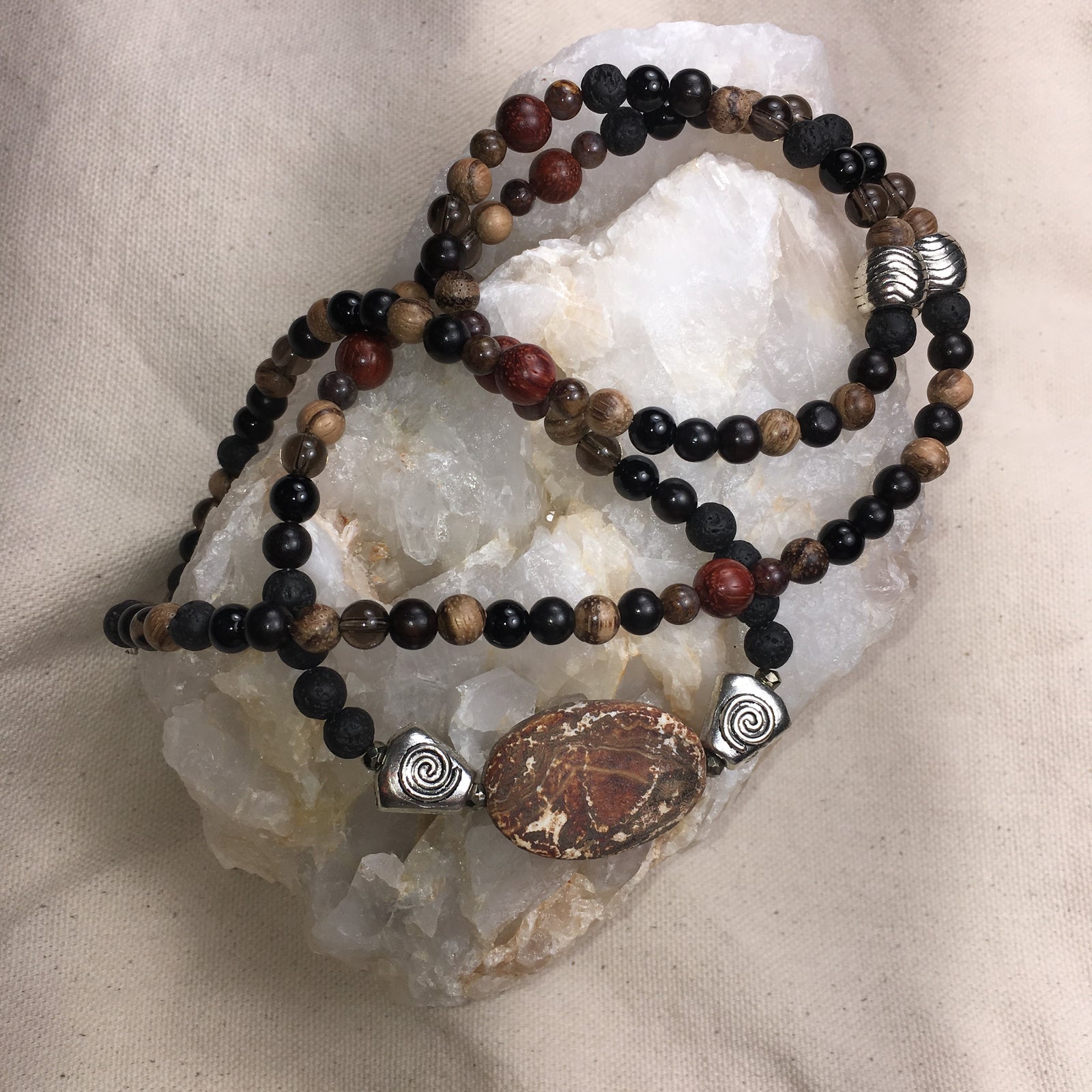 MALA Necklace with Pietersite, Red Sandalwood, Lava Rock, Smokey Quartz, Black Agate, Black Sandalwood, Agarwood, Pyrite and Tibetan Agate GURU Stone