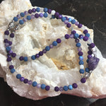 MALA Necklace with Purple Lava, Blue Lava, Blue Rainflower (Yuhua), Matte Agate, Matte Amethyst, Raw Amethyst GURU Stone
