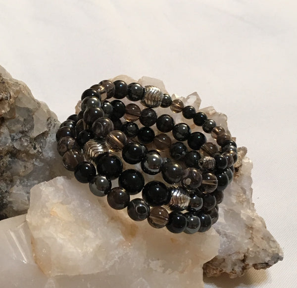 Rainbow Obsidian, Hematite, Tiger Iron, Turritella Agate, Smokey Quartz, and Black Agate Bracelet
