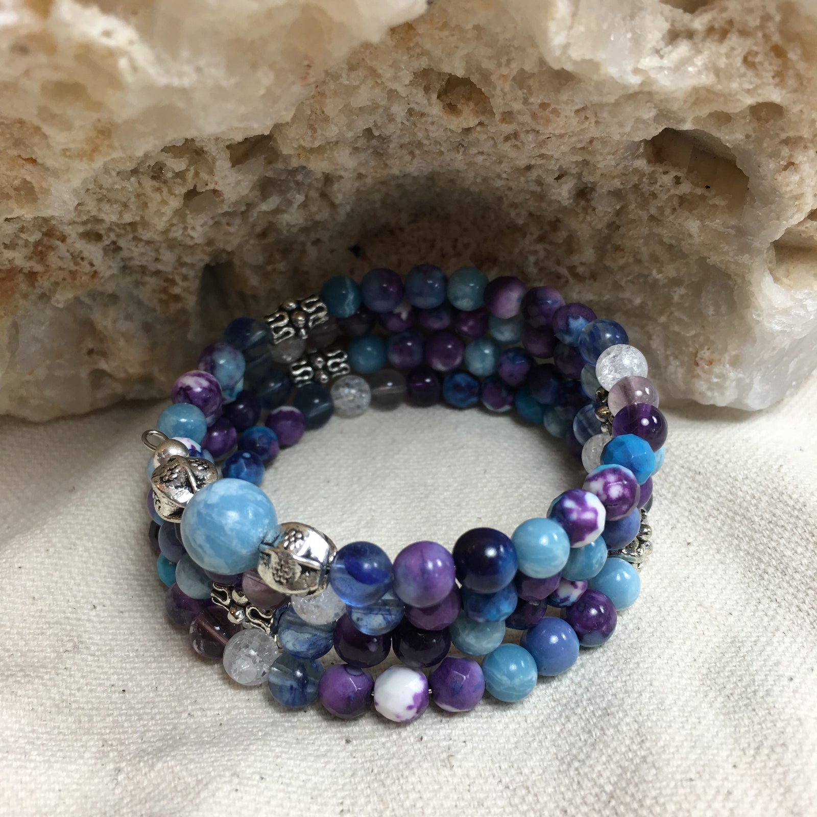 MALA Bracelet with Rainflower (Yuhua), Blue Quartz (Dumortierite), Ametrine, Larimar, Crackle Clear Quartz, Amethyst, and Larimar GURU Bead, on memory wire