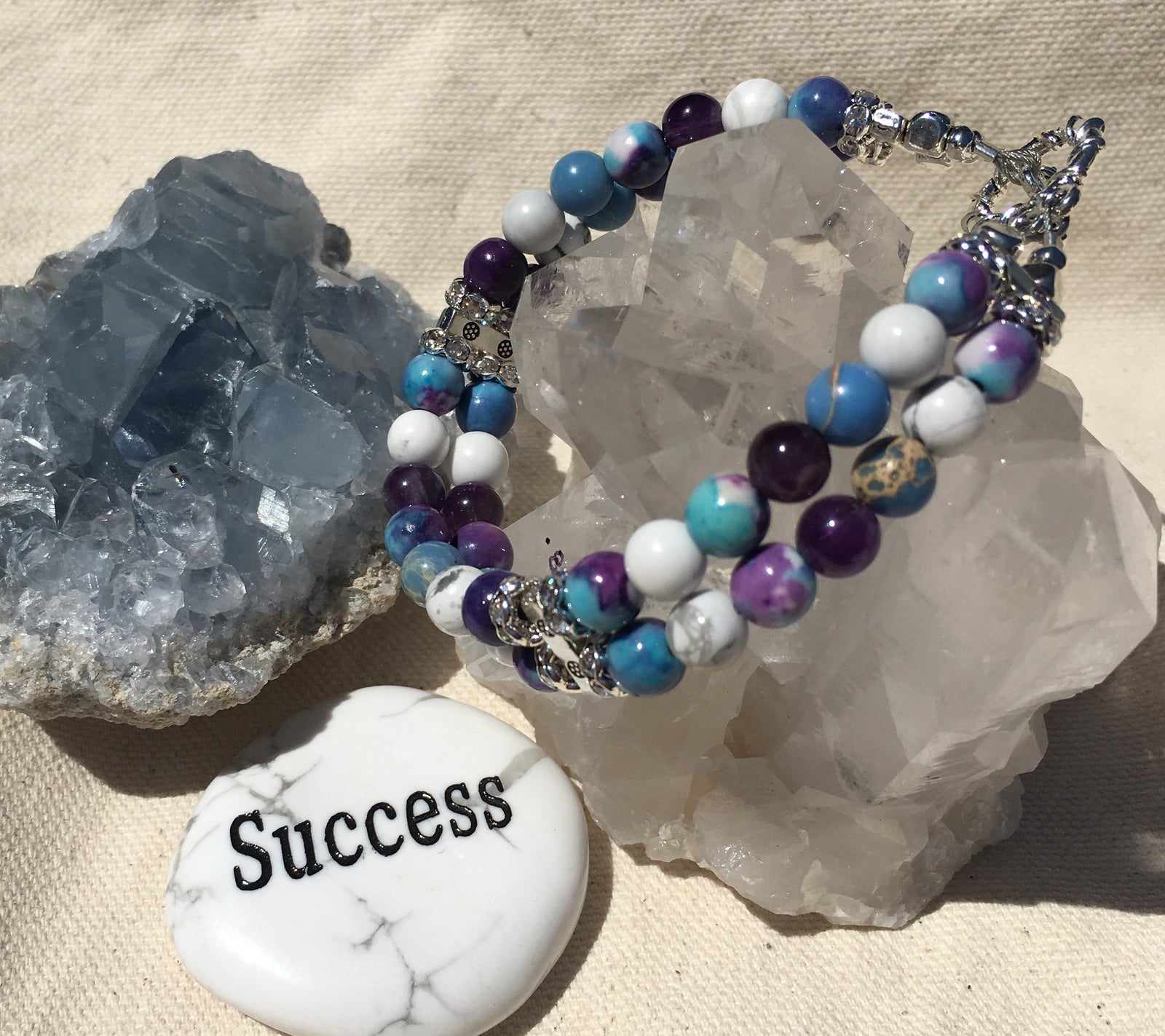 Rainflower (Yuhua), Howlite, Amethyst, and Emperor Jasper Double Strand Bracelet