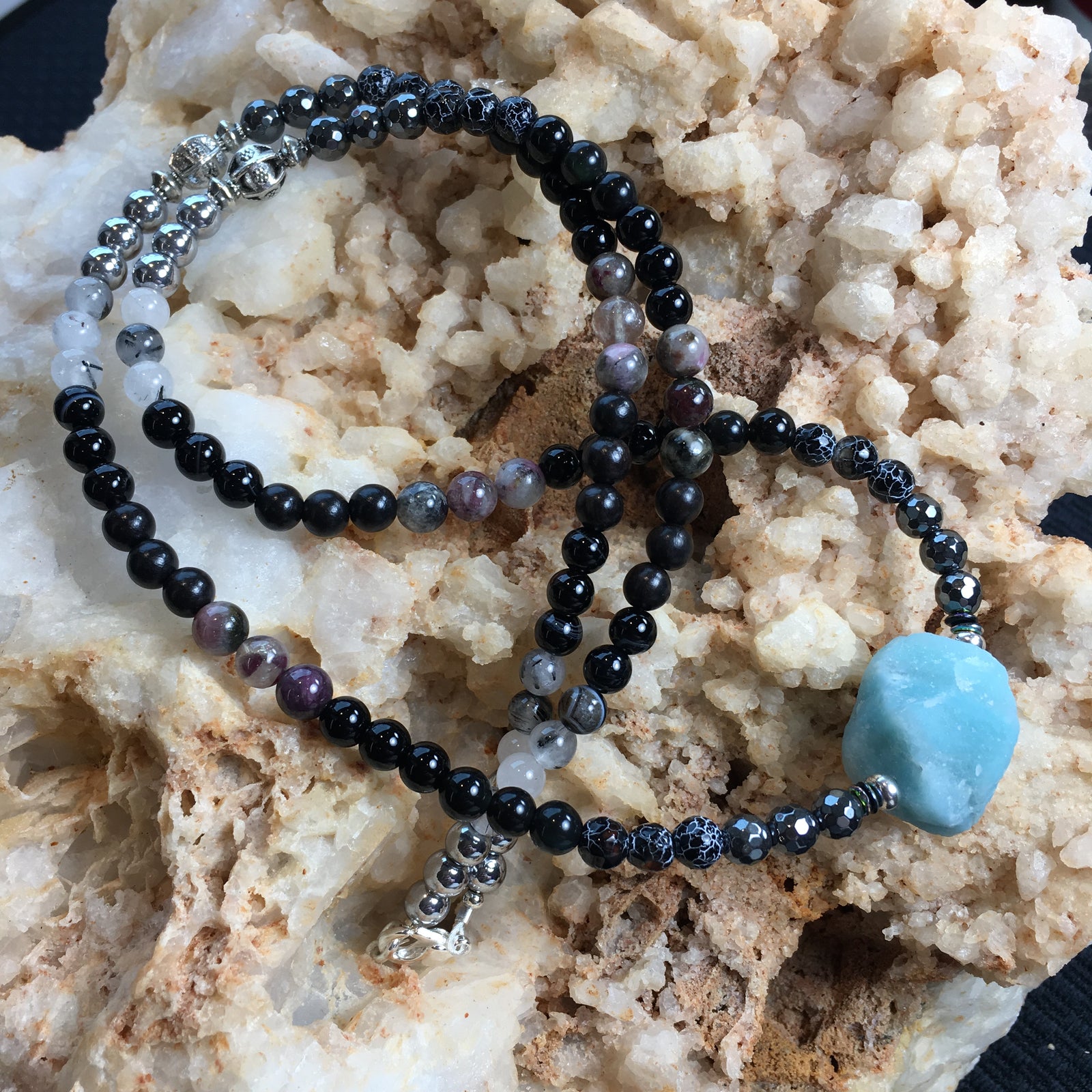 MALA Necklace, Silver Hematite, Black Rutilated Quartz, Black Dyed Agate, Black Sandalwood, Tourmaline, Black Onyx, Rainbow Obsidian, Black Agate Crackle, Hematite Faceted and Raw Amazonite GURU Stone