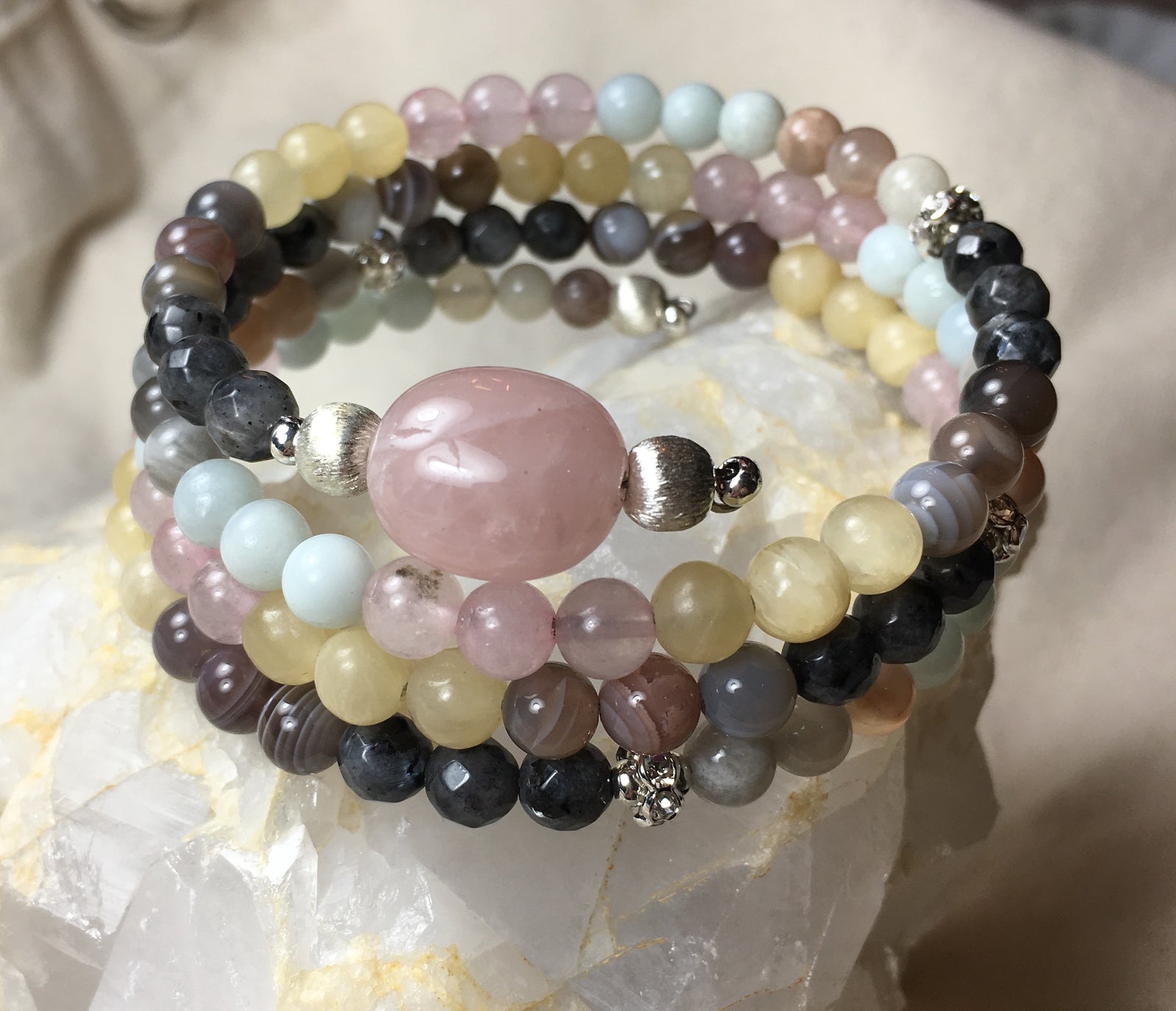 MALA Chakra Bracelet, Faceted Black Labradorite, Botswana Agate, Yellow Calcite, Rose Quartz, Amazonite, Moonstone, Rose Quartz GURU