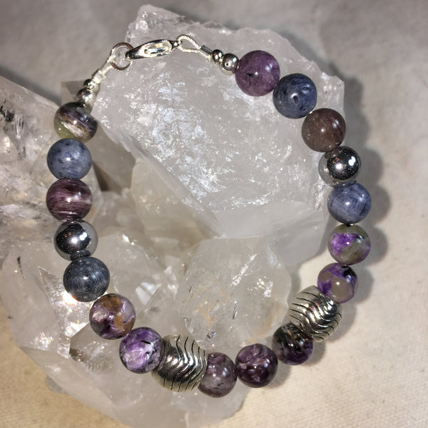 Charoite, Blue Sponge Coral, Silver Hematite Bracelet