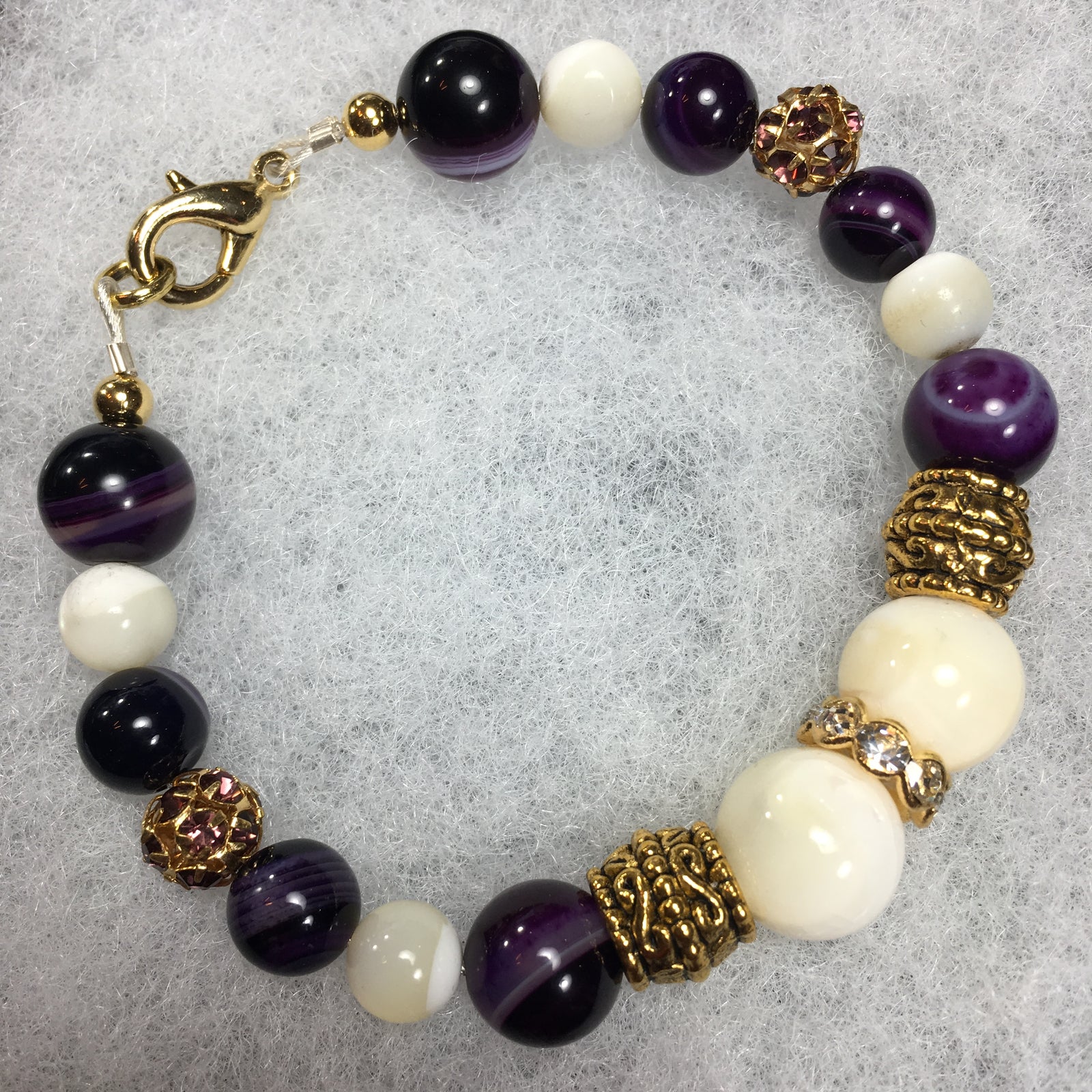 Banded Agate, Mother of Pearl, Rhinestone Bracelet