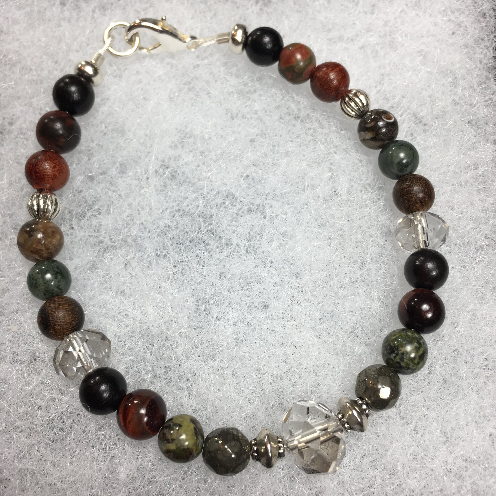 Black Sandalwood, Brecciated Jasper, Rosewood, Turritella Agate, Pyrite Faceted, Dragon's Blood, Tiger Skin Sandalwood, Picasso Jasper, Green Rhodonite Bracelet